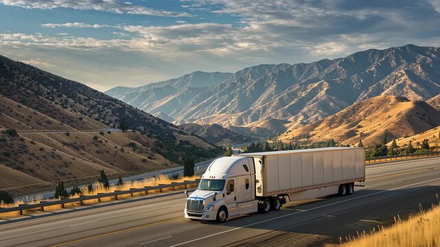 White semi-truck driving on a highway through a scenic mountain pass at sunset