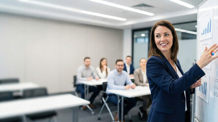 Businesswoman presentation office meeting training team seminar workshop corporate professional businesswoman leading presentation modern office meeting room during training seminar workshop with