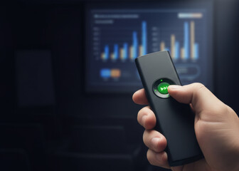 Wireless presenter business presentation hand remote control green button conference room blurred background bar chart dark room training session corporate meeting seminar lecture slideshow