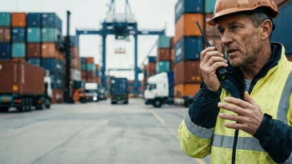Port worker shipping container freight logistics industry communication safety transport Port worker using radio communication freight container yard crane, focused male operator managing cargo