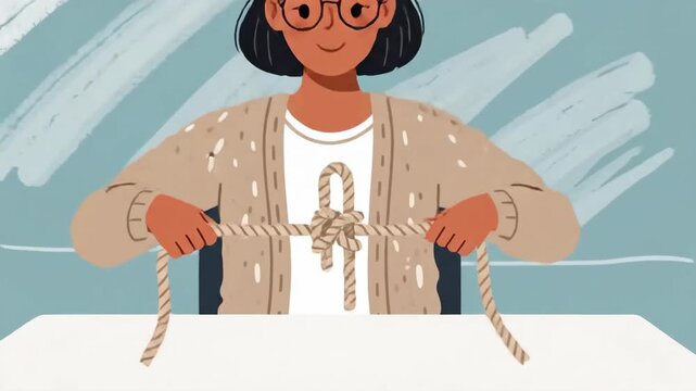 Woman Demonstrating Step-by-Step Rope Knot Tying, Animated Tutorial for Beginners