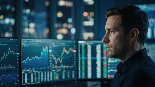 Stock trader man office computer monitor graph chart finance business night stock trader man modern office focused multiple computer monitor with graph and chart data, finance business analysis - Powered by Adobe