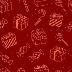 Seamless Red Christmas Pattern with Gift Boxes, Candy Canes, Lollipops and Wrapped Candies &ndash; Festive Holiday Background, Illustration for Wrapping Paper, Cards and Seasonal Designs