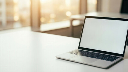 Fototapeta premium Laptop blank screen modern office workspace sunlight empty desk business technology computer remote work minimal laptop with blank screen empty desk modern office workspace, warm sunlight shining