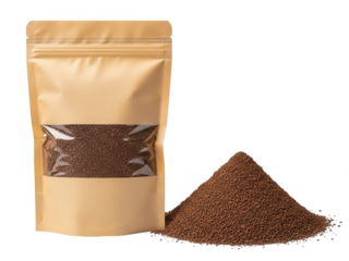 Brown kraft paper pouch with coffee grounds and a spilled pile
