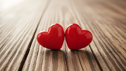 Two red hearts on a wooden table
