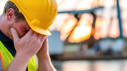 Construction worker stress male worker yellow hard hat safety vest tired worker stressed worker emotional fatigue construction site sunset light industrial background Frustrated construction