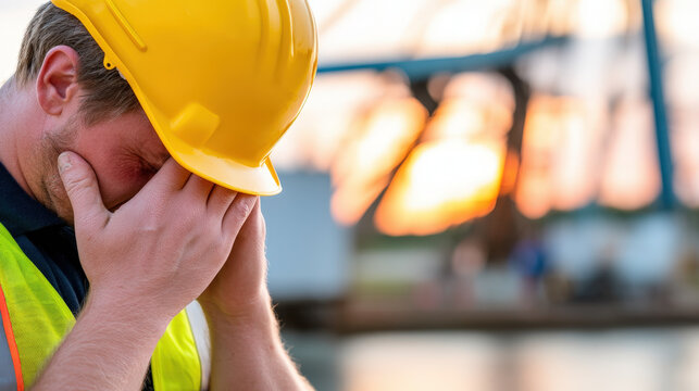 Construction worker stress male worker yellow hard hat safety vest tired worker stressed worker emotional fatigue construction site sunset light industrial background Frustrated construction