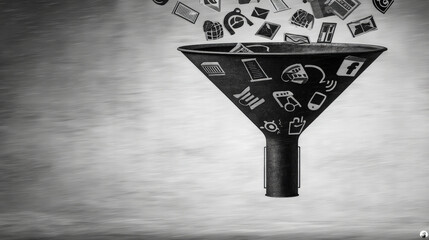 Digital marketing data funnel social media email icon analytics content strategy monochrome business concept technology communication Digital marketing data funnel social media email icon