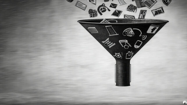 Digital marketing data funnel social media email icon analytics content strategy monochrome business concept technology communication Digital marketing data funnel social media email icon - Powered by Adobe