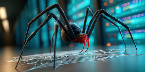 Mechanical spider robot cyber security digital web data center malware threat hacker concept futuristic technology artificial intelligence cyber attack blue light server room