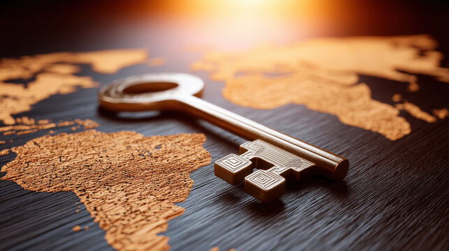 Vintage key digital circuit world map global security cybersecurity data protection technology encryption access network copper metal antique innovation connection glowing light macro closeup - Powered by Adobe