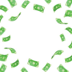 3d vector cartoon render green dollar paper currency money frame Floating, flying banknote isolated on white background. Finance, investment, business concept.
