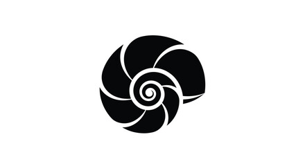 Bold black silhouette of a nautilus shell showing its perfect spiral structure on a clean white background.