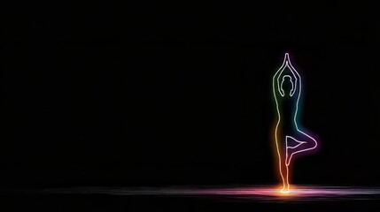 Glowing rainbow outline of a person in a yoga tree pose against a black background. Ideal for fitness apps, health blogs, or modern yoga studio marketing materials.
