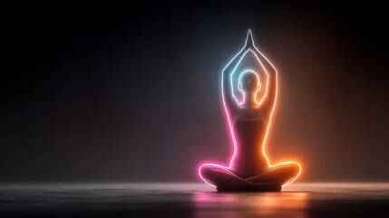 Neon-contoured silhouette of a person in a yoga pose. Ideal for meditation apps, modern wellness blogs, and fitness websites focusing on inner energy, zen, and mental clarity.
