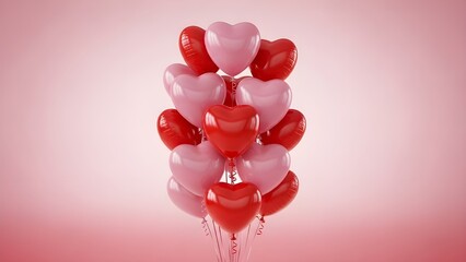 A cluster of red and pink heart shaped balloons floating together