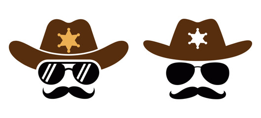 Cowboy Hat and Mustache Icon Set, Cowboy moustache avatar icons with hat and sunglasses, fun western themed vector characters for party design, posters and playful branding