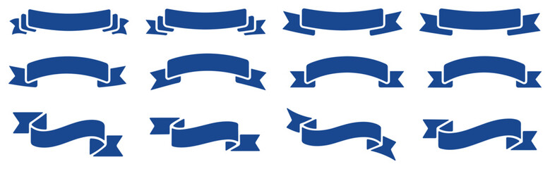 Blue ribbon banner set with curved decorative shapes, classic award and label vector elements for web design, posters and branding