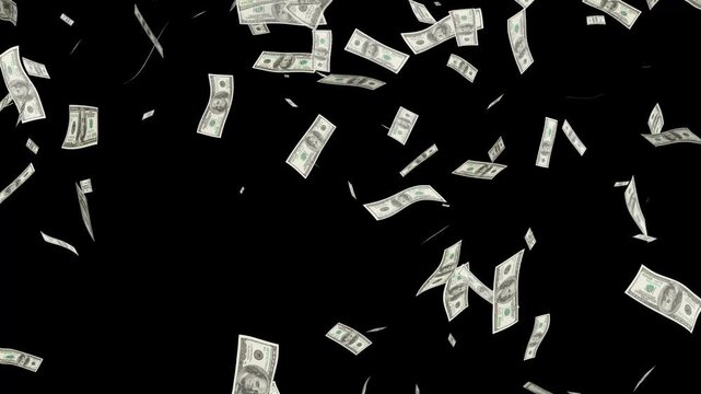 Banknotes money flying down animation on transparent background 4k video. realistic american currency falling, raining 100 dollar bills isolated on chroma key background.