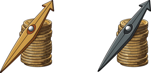 Financial direction concept, gold coin stacks with arrows, market strategy illustration, economic growth metaphor, investment trend, wealth indicator design
