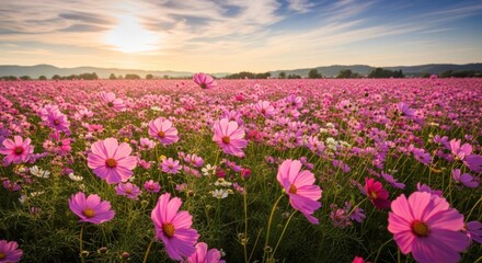 Fototapeta premium A vibrant field of pink and white cosmos flowers under a clear sky with a mountain range in the background.