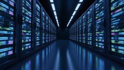 Large server room with rows of computer servers processing data - Powered by Adobe
