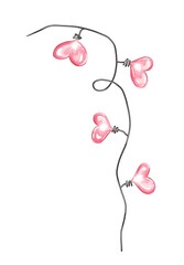 Pink heart shaped light bulbs. Watercolor illustration