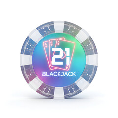 Modern Blackjack Gaming Chip with Glowing Neon 21 and Card Symbol