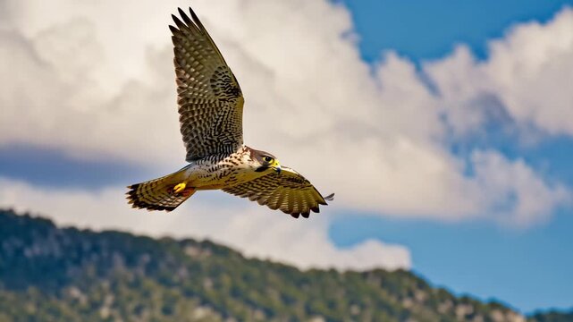 Peregrine falcon in flight against blue sky and cloudy background over mountainous landscape