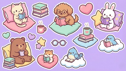 Obraz premium Cute Kawaii Characters Reading Books and Enjoying Hot Drinks on Pillows and Clouds