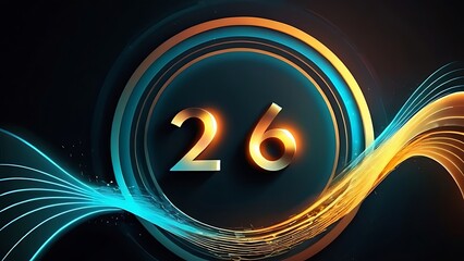 Futuristic number 26 in a glowing circle with swirling light streams on a dark background