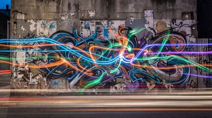 Neon Light Trails And Motion Blur Over Urban Graffiti Wall Long Exposure