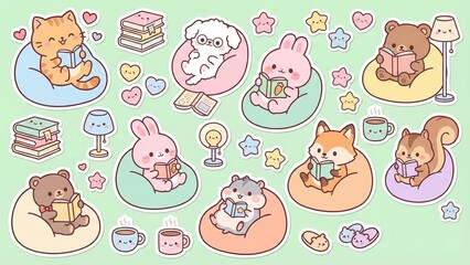 Obraz premium Adorable cartoon animals in pastel shades enjoying a peaceful reading session on comfy bean bags, creating a heartwarming scene of relaxation and literary joy