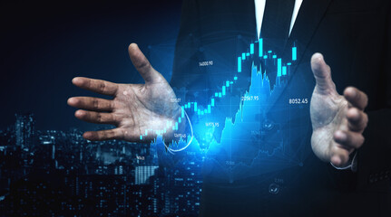 A businessman presents a graphical analysis against a stunning cityscape at night; digital data visualizes financial growth and strategy insights, showcasing modern business dynamics. Scalp