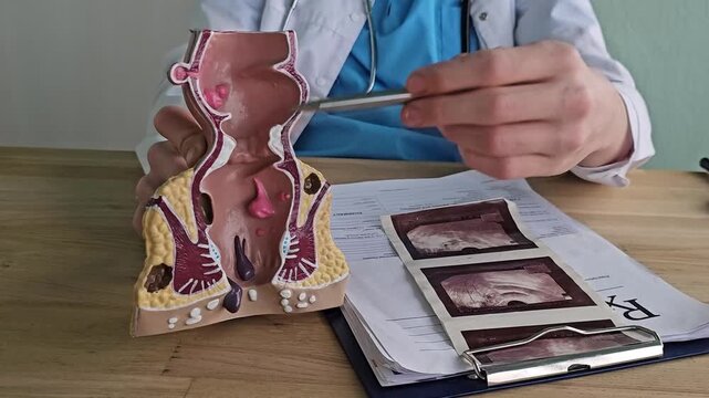 An anatomical model of the rectum with hemorrhoids in a clinic. The doctor holds a model of the unhealthy lower rectum with inflamed vascular structures
