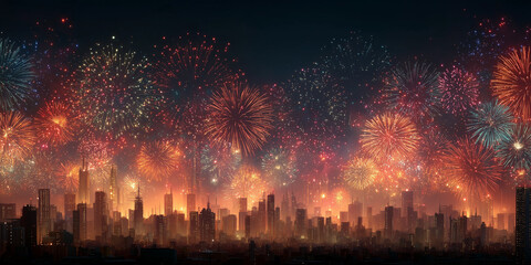 Beautiful of firework multi colorful over the cty at night , epic background image.