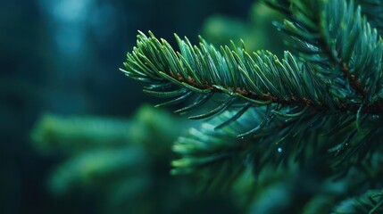 Close up of vibrant green pine needles on a branch with a soft blurred dark forest background