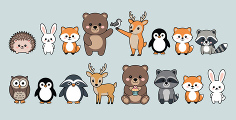 woodland characters collection featuring a cute fox, bear, deer, and owl in a watercolor style for nursery decor, baby shower invitations, and childrens forest themed illustrations.