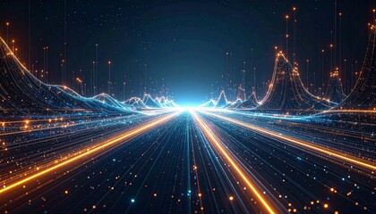 Digital waveforms with glowing blue and orange particles, abstract energy flow and motion contrast.