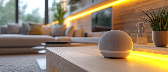 A smart speaker on a table in a cosy living room with soft lighting will emphasise a modern lifestyle — a universal backdrop for articles on technology and interior design.