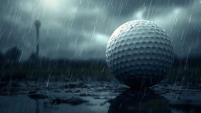 white golf ball on a rainy stormy day ai