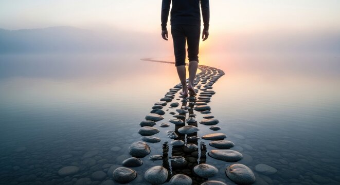 A person walking on a winding stone path through a calm, misty lake at sunset. - Powered by Adobe