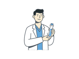 Flat cartoon lab technician holding test tube.