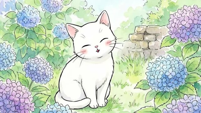 White cat in hydrangea garden animation. Cute feline sits happily with eyes closed among purple blooms then looks curious with wide eyes before standing and smiling forward in lush green setting (138