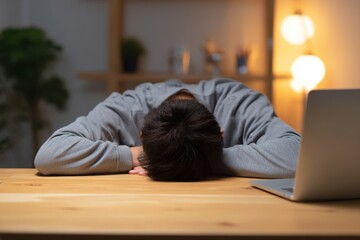 Man Asleep at Desk, Exhausted from Work, Modern Office Setting at Night.