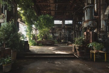Fototapeta premium Abandoned Industrial Warehouse with Overgrown Plants and Rustic Machinery.