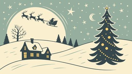 Naklejka premium Magic Christmas eve. Santa claus delivers gifts on christmas eve with flying reindeer against a starry night sky. Santa with reindeers flying in sky.