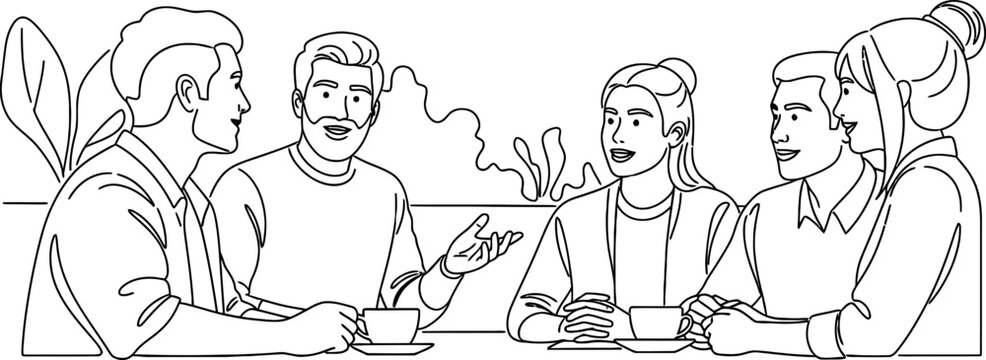 group of young adults chatting and drinking coffee together in a casual meeting