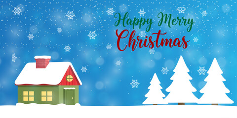 Charming Happy Merry Christmas scene with a cozy snow-covered cottage and white pine trees on a blue winter background, perfect for holiday greetings, seasonal cards, banners, and festive promotions.